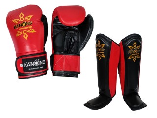 Guantes de Boxeo + Espinilleras de cuero Kanong : Rojo/Negro